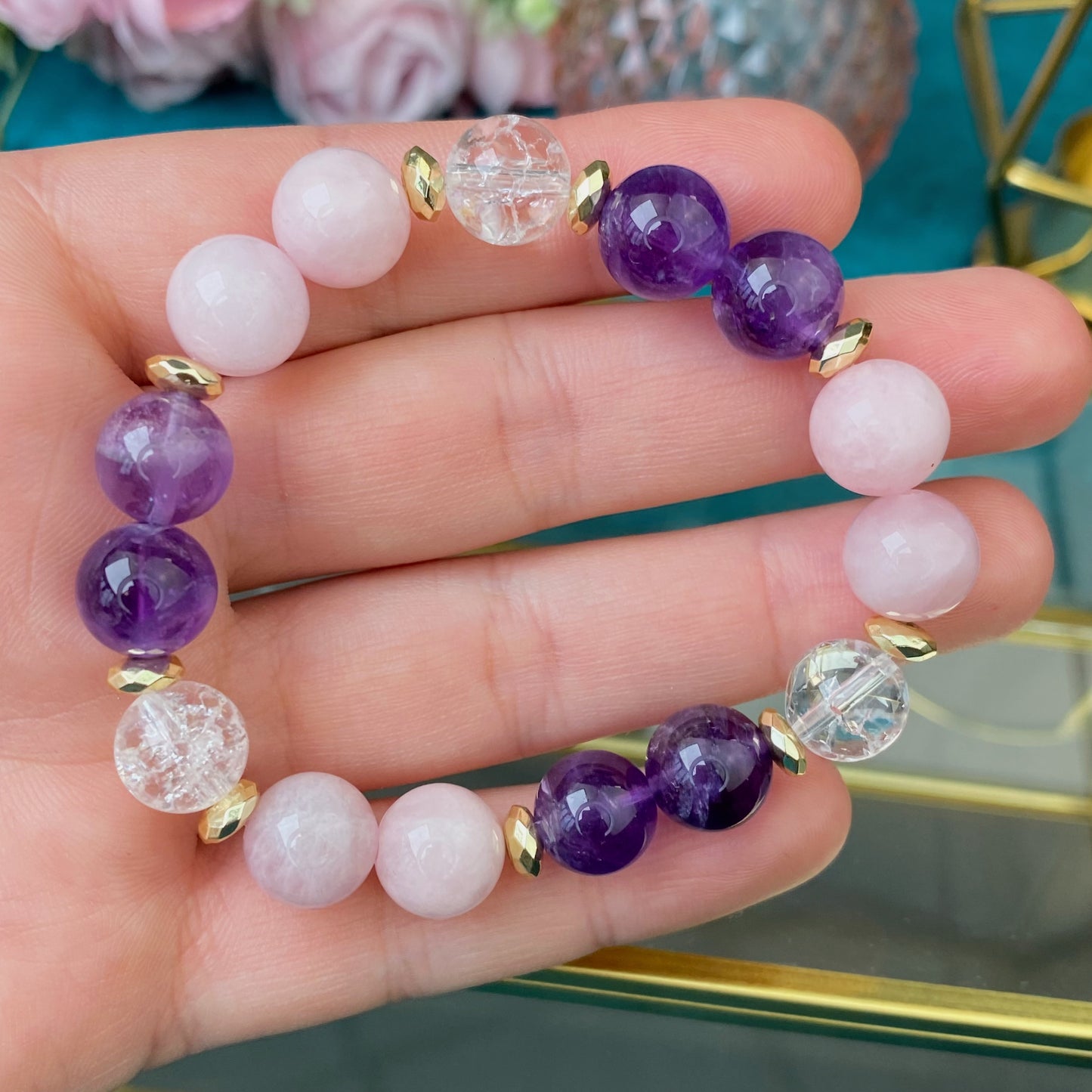 Rosenquarz Armband mit Amethyst und Bergkristall