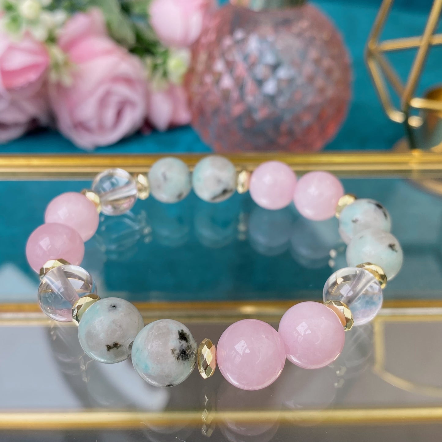 Rosenquarz Armband mit Kiwi Jaspis und Bergkristall