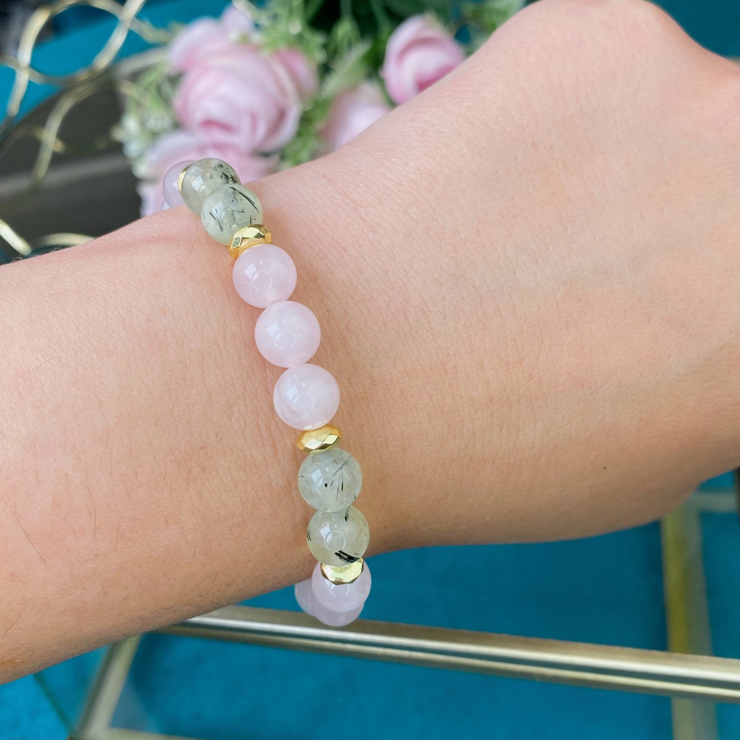 Rosenquarz Armband mit Prehnit
