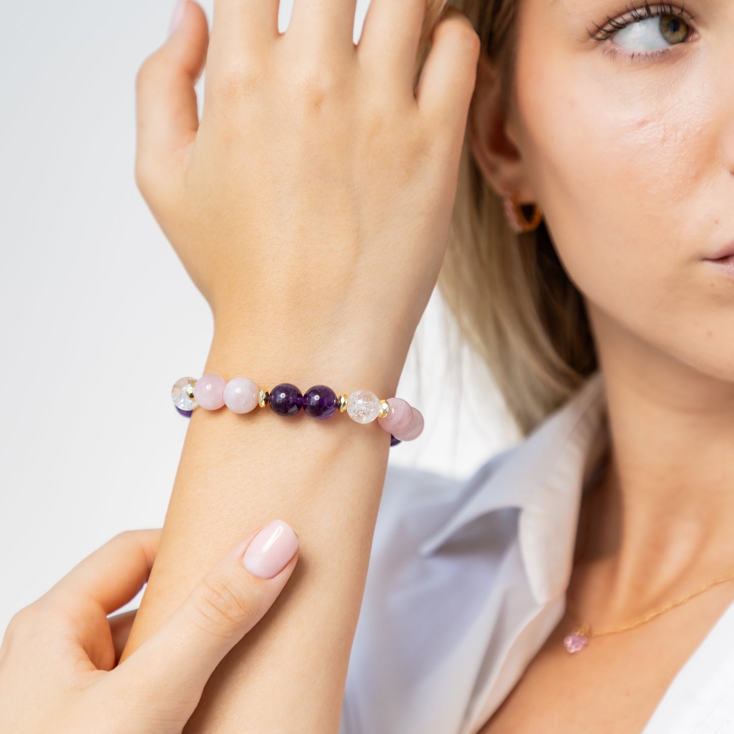 Rosenquarz Armband mit Amethyst und Bergkristall