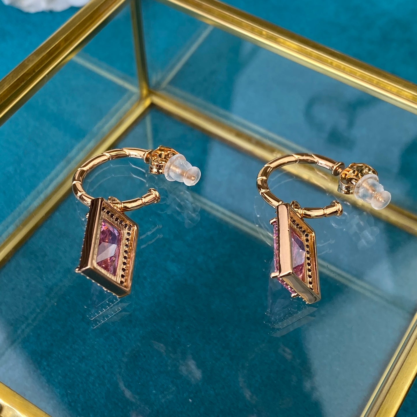 Gold Plated Stainless Steel Earrings with pink decorative crystal
