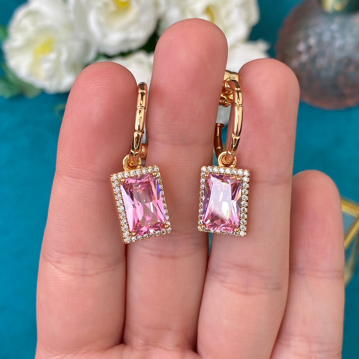 Gold Plated Stainless Steel Earrings with pink decorative crystal