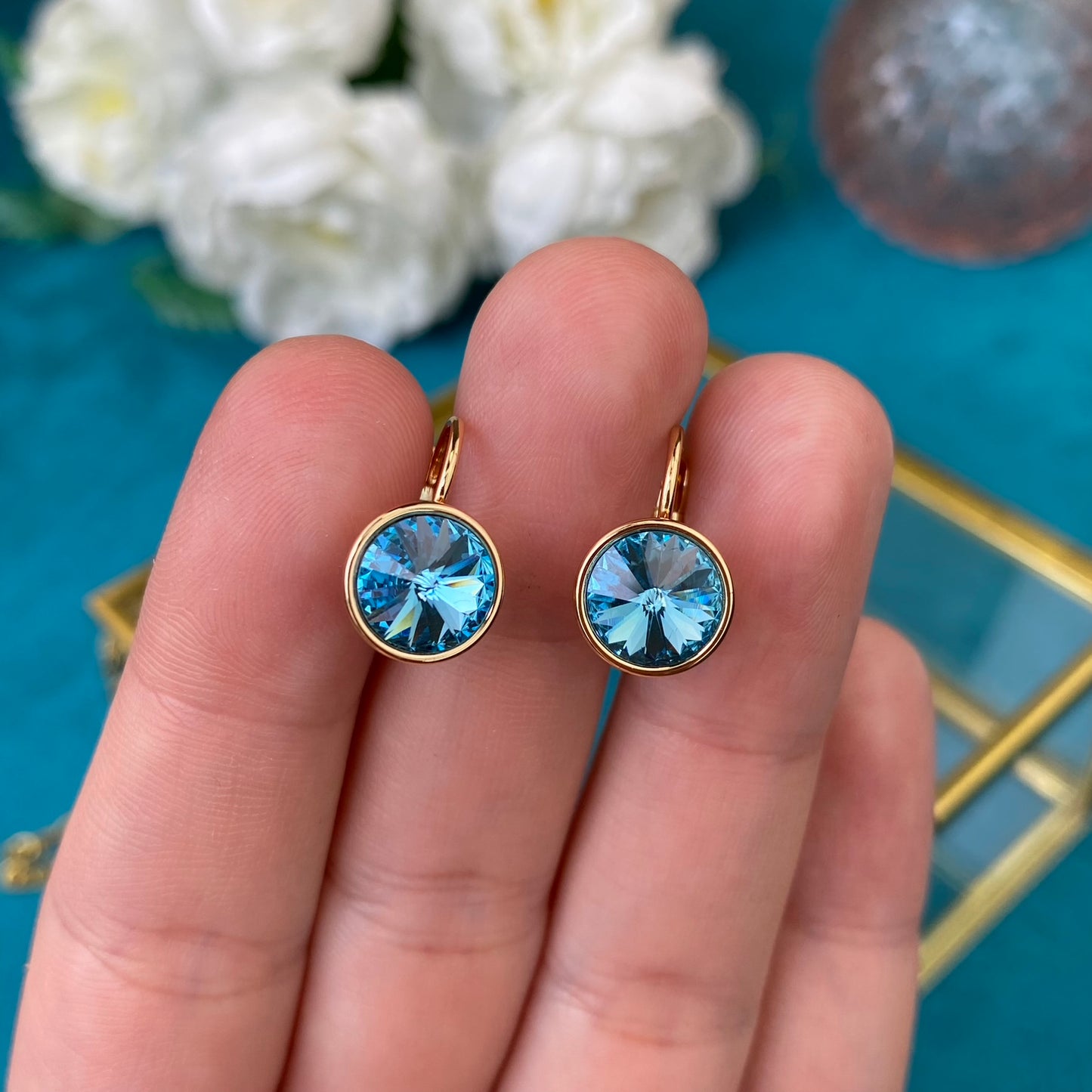Gold Plated Stainless Steel Earrings with  blue decorative crystal